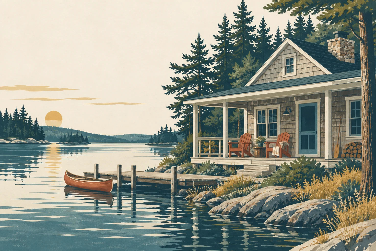 A well-loved lakeside cottage with a porch, two chairs and a canoe at the dock, illustrated in warm evening light.